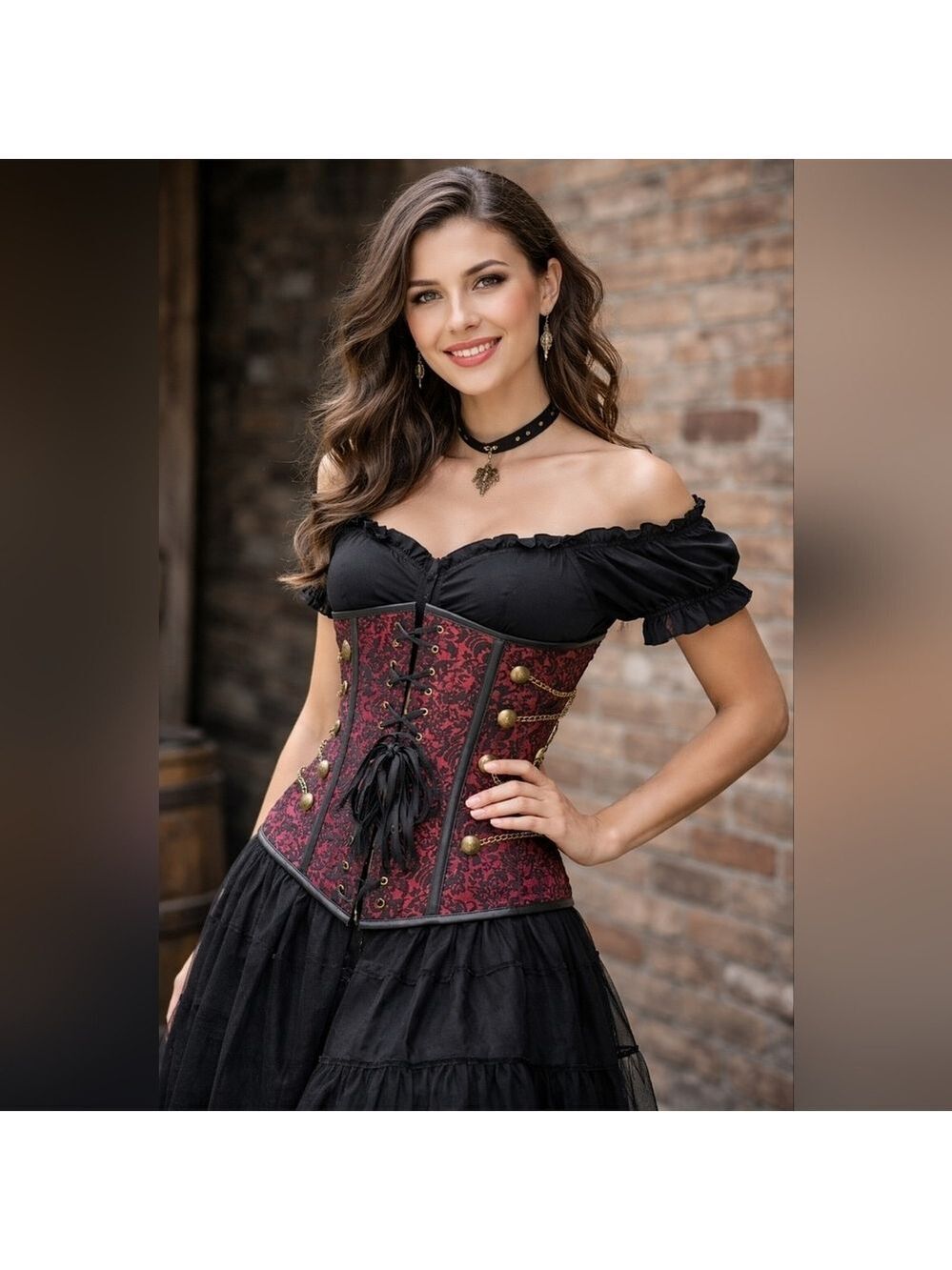 Vintage-Style Women’s Corset Bustier Red & Black Brocade Lace-Up Size Small